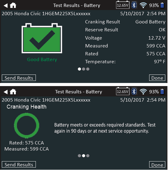 Battery Test Results Screen